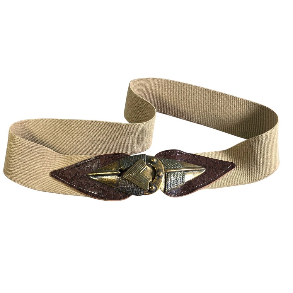 Vintage Wide Elastic Cinch Belt Tan Brown Arrow Brass Sculptural‎ Buckle 31in